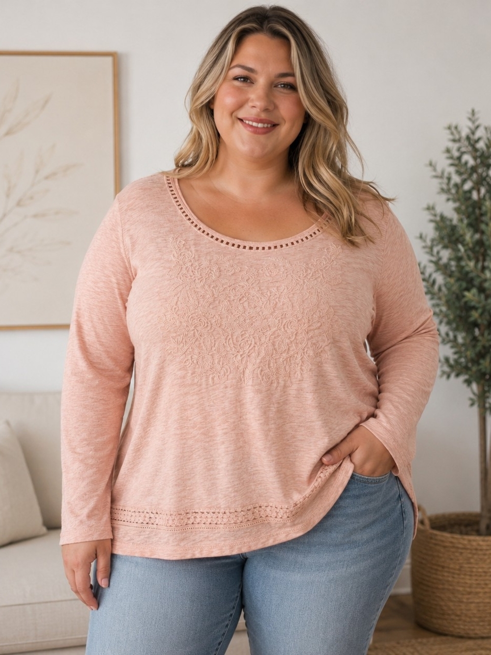 Tribal Blush Pink 100% Cotton Scoop Neck Long Sleeve Top, Size XXL
